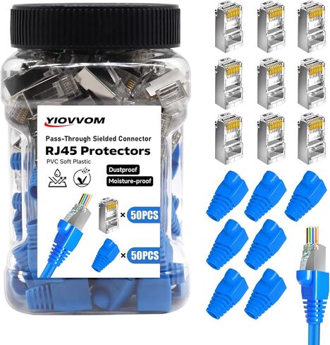 50pcs RJ45 Shielded Pass Through Connectors, 50PCS RJ45 Strain Relief Boots, Cat 6 Pass Through RJ45 Connectors for Solid or Stranded UTP Ethernet Cable 23-26AWG in Kuwait
