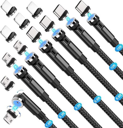 Magnetic Charging Cable 540° Rotation（7-Pack, 1.6ft/3.3ft/3.3ft/6.6ft/6.6ft/10ft/10ft, 3 in 1 USB C Magnetic Phone Charger Cable Compatible with Micro USB/Type C/iProduct Device (Black) in Saudi Arabia