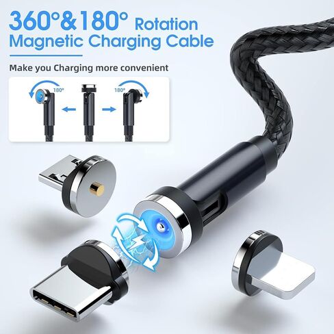 Magnetic Charging Cable 540° Rotation（7-Pack, 1.6ft/3.3ft/3.3ft/6.6ft/6.6ft/10ft/10ft, 3 in 1 USB C Magnetic Phone Charger Cable Compatible with Micro USB/Type C/iProduct Device (Black) in Saudi Arabia