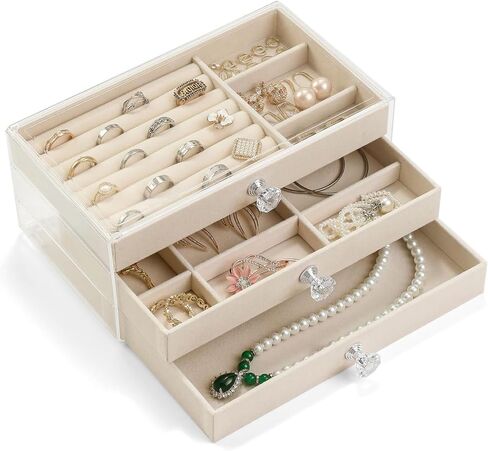 Acrylic Jewelry Holder Organizer Box with Velvet Tray, Rotating Necklace and Earring Display Stand, 24 Hooks Clear Storage Rack for Bracelets, Rings, and Long Necklaces in Kuwait