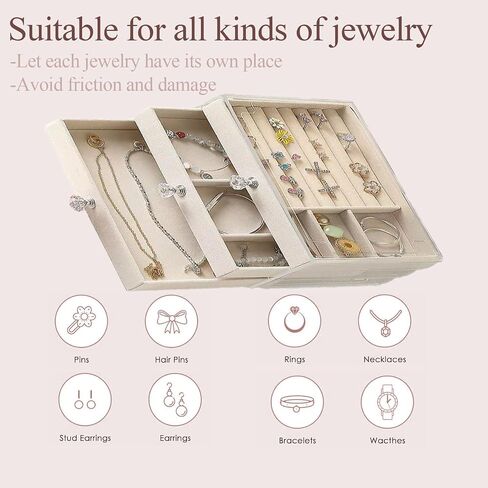 Acrylic Jewelry Holder Organizer Box with Velvet Tray, Rotating Necklace and Earring Display Stand, 24 Hooks Clear Storage Rack for Bracelets, Rings, and Long Necklaces in Kuwait