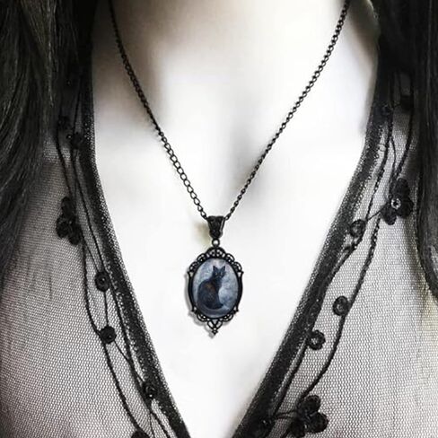 Goth Black Cat Cameo Necklace Set Vintage Gothic Black Cat Pendant Halloween Witch Costume Accessories Women Girls Chocker Jewelry Gift in Saudi Arabia