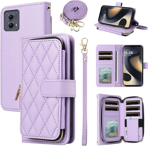 Argyle Wallet Case for Motorola G Play 5G 2024 with Wrist Strap Shoulder Strap 9+ Card Slot Zipper Purse Luxury PU Leather Stand Cell Phone Cover for Moto G Play 5G 2024 Women Girls Deep Purple in Saudi Arabia