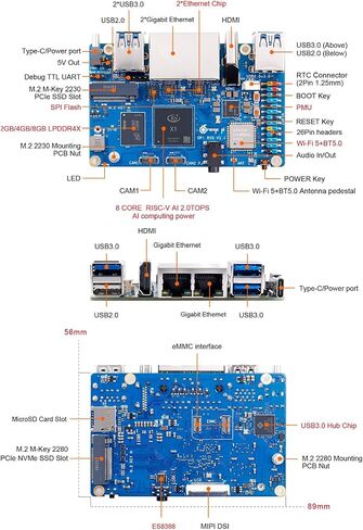RV2 8GB RAM LPDDR4X RISC V 8 Core 2Tops Al Arithmetic Power Development Board, Wi-Fi 5+BT 5 with BLE Support Single Board Computer Run Ubuntu24.04 (8GB) in Saudi Arabia