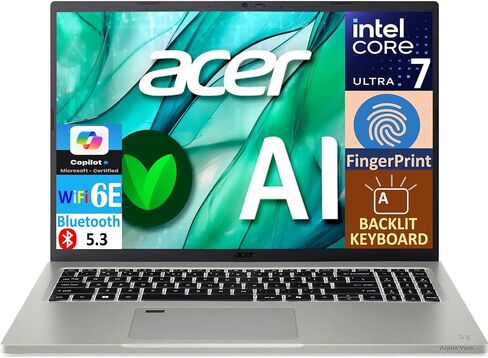 Acer Aspire Vero 16 AI جهاز كمبيوتر محمول مدعوم من 16.0 "IPS WQXGA (Intel Core Ultra 7 155U ، 16GB LPDDR5X ، 512GB PCIE SSD ، Intel Graphics ، Backlit KB ، Phoushprint ، 2 Thunderbolt 4 ، Wifi 6E ، Win 11 Pro) in Kuwait