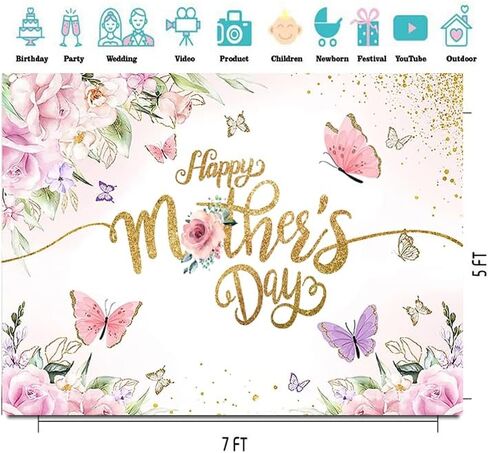CYLYH 7x5ft Happy Mother's Day Backdrop Floral Pink with Golden Dots Vinyl in Saudi Arabia