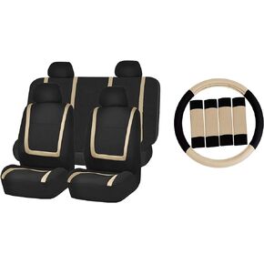 FH Group Automotive Seat Covers Unique Flat Cloth Red Full Set, Combo Steering Wheel Cover and Seat Belt Pads Rear Solid Bench Universal Fit for Vans Cars Trucks and SUV Interior Accessories