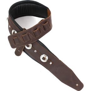 Walker And Williams C-44-BRN Handmade Brown Double Padded Premium All Grain Leather Guitar Strap with Conchos For Acoustic, Electric, And Bass Guitars