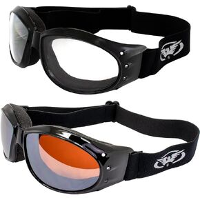 Global Vision 2 Motorcycle Riding Dirt Bike Goggles Clear Lens & Driving Mirror Lens & 2 Microfiber Bag