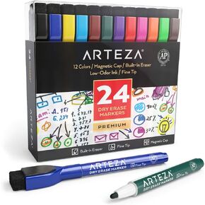 ARTEZA Fine Tip Dry Erase Markers with Eraser, Pack of 24 Magnetic Dry Erase Pens, 12 Assorted Colors Whiteboard Markers
