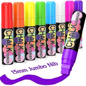 Window Paint Markers for Glass Washable: 8 Pack 15mm Jumbo Liquid Chalk Marker, Neon Glass Markers Pen, Wet Erase for Cars, Auto, White Board, Chalkboard, Black board, Tire, Mirrors, Bistro - 8 Colors