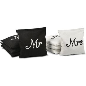 GoSports Wedding Theme Cornhole Bag Set - Includes 4 Black Mr Bags and 4 White Mrs Bags