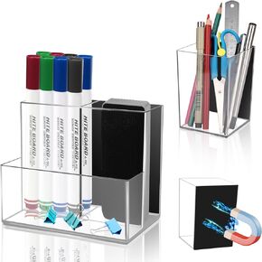 2 Pack Magnetic Pen Holder, Acrylic Magnetic Dry Erase Marker Holder with Full Magnet Back and 4 Compartments, Magnetic Pencil Cup Locker Organizer for Refrigerator Whiteboard Office School