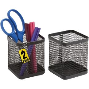 1InTheOffice Pen Cup Holder, Metal Mesh Pencil Cup Holder, Stackable Wire Mesh Regular Pencil Holder, Matte Black 2 Pack