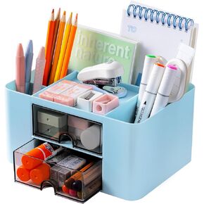 Desk Organizer with 2 Drawers, Pencil Pen Holder for Desk, Cute Desk Accessories with Plastic, Office Supplies for Countop, White