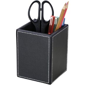KINGFOM PU Leather Square Pens Pencils Holder Cup Desktop Stationery Organizer Case Office Accessories Container Box (Black)