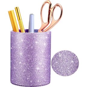 PU Glitter Pen Holder Pencil Cup Shiny for Women Girls, Luxury Makeup Brush Holder Pu Leather Organizer Cup Gift for Desk Office Classroom Home (Purple)