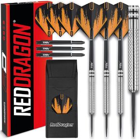 RED DRAGON Raider Series: 23 Gram Steel Tip Tungsten Darts Set - Professional Darts with Shafts (Stems), Flights and Checkout Card - Choice of Colour Available