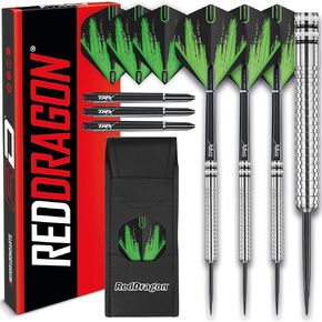 RED DRAGON Raider Series: 23 Gram Steel Tip Tungsten Darts Set - Professional Darts with Shafts (Stems), Flights and Checkout Card - Choice of Colour Available