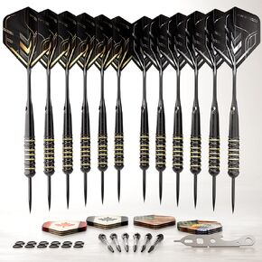 Darts Set | Professional 12 X 20/22g Metal Tip Darts | Steel Tip Darts with 24 Flights & 18 Aluminum shafts + Dart Tool, Rubber O-Rings