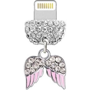 ELISE & FONDA CP441 USB Charging Port Crystal Anti Dust Plug Little Angel Wing Phone Charm for iPhone 13/12/11/ XS MAX/XR/X/8 Plus/7/6S/8/SE iPad iPod (Pink)