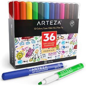 ARTEZA Dry Erase Markers Fine Tip, Bulk Pack of 36, 12 Assorted Colors, Low-Odor Whiteboard Pens for School, Teachers, Classroom, Office Supplies