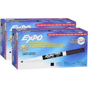 Expo 86001 Low Odor Dry Erase Marker, Black; Fine Tip, Quick-Drying Ink, 2 Packs of 12 Markers, 24 Markers Total
