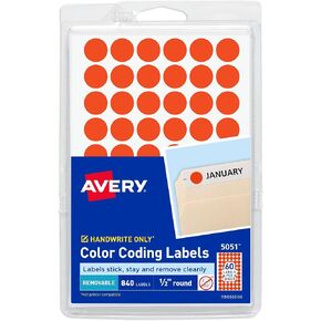 Avery Color-Coding Removable Labels, 1/2 Inch Round Stickers, Neon Coral, Non-Printable, 840 Dot Stickers Total (5051)