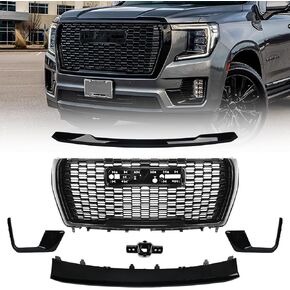 Grille Set 6pcs Compatible with GMC Yukon/Yukon XL Denali 2021 2022 2023 2024 Front Upper Grill + Lower Hood Trim Molding + Front Cover Plate + Fog Light Bezels + Camera Bracket Gloss Black