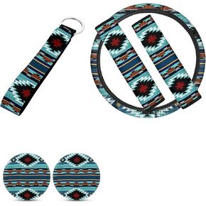 Green Weed Pot Marijuana Leaves Print Car Steering Wheel Cover+Seat Belt Shoulder Pads+2.8 Inch Cup Coaster+Hand Wristlet Keychain Holder Set