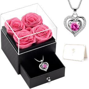 GMAOPHY Preserved Real Rose with Necklace Gift for Women, Birthday Flower Gifts for Wife Girlfriend Mom Grandma, Anniversary Rose Gift Ideas, Eternal Rose in Jewelry Box, for Her(Pink)