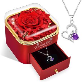 Preserved Real Red Rose with Love Necklace,Forever Flowers Gifts for Women Wife Mom Grandma Girlfriend, Christmas Valentines Anniversary Birthday Gifts for Her…