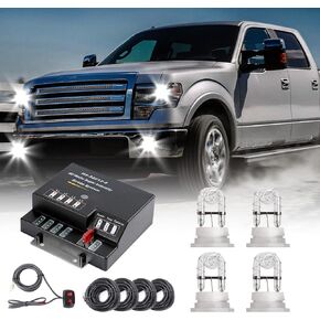 Hideaway Strobe Lights Kit 4 HID Bulbs 13 Flashing Mode Memory Recall Function, 16 Feet Power Cord with Controller, Emergency Strobe Lights for Trucks Vehicles, White