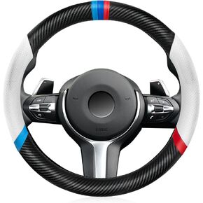 Carbon Fiber Steering Wheel Cover, Non-Slip and Sweat Absorbent, White 15" Steering Wheel Covers for X5 X3 Men Women, Black (Black with White ///)