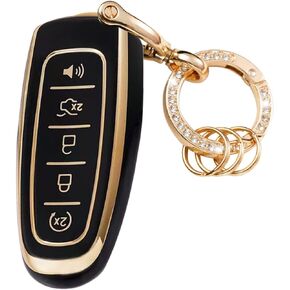 غطاء مفتاح Fob مع سلسلة مفاتيح معدنية متوافقة مع Ford C-Max Edge Escape Expedition Explorer Flex Focus Taurus Lincoln MKS MKT MKX Navigator Accessories حافظة حماية ناعمة من مادة TPU باللون الأسود