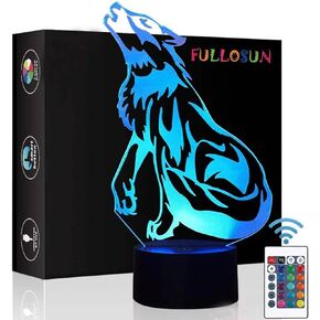 FULLOSUN Wolf Gifts, 3D Night Light for Kids Optical Illusion Lamp Co-Sleeping,Remote Controller with 16 Color Changing Birthday Gifts & for Kids, Boys & Men