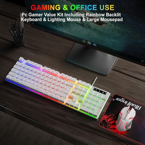BlueFinger RGB Gaming Keyboard and Backlit Mouse Combo, USB Wired, LED Gaming Set for Laptop PC Computer Game and Work in Kuwait