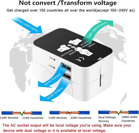 محول السفر الرقمي LKY، محول طاقة عالمي الكل في واحد، شاحن حائط عالمي بقابس تيار متردد مع منافذ شحن USB مزدوجة للهواتف المحمولة الأمريكية والاتحاد الأوروبي والمملكة المتحدة وأستراليا وأوروبا (أبيض) in Kuwait