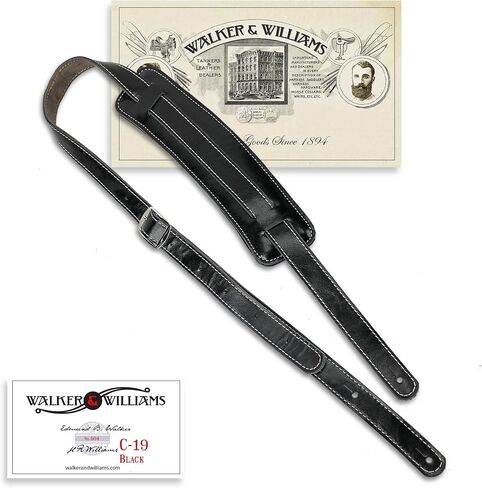 Walker & Williams C-19 Classic Black Vintage Style Rockabilly Guitar Strap Premium Signature Soft Grain Leather Extra Long For Acoustic, Electric, And Bass Guitars in Saudi Arabia