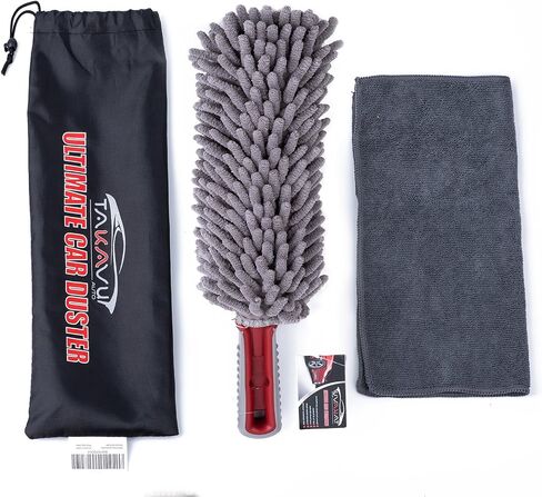 TAKAVU Car Duster Interior, 360° Microfiber Fingers, Lint & Scratch Free | Unbreakable Comfort Handle Duster, Includes Microfiber Towel, Lint-Free & Safe for Car & Home Interior, Gray in Kuwait
