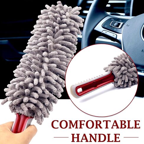 TAKAVU Car Duster Interior, 360° Microfiber Fingers, Lint & Scratch Free | Unbreakable Comfort Handle Duster, Includes Microfiber Towel, Lint-Free & Safe for Car & Home Interior, Gray in Kuwait
