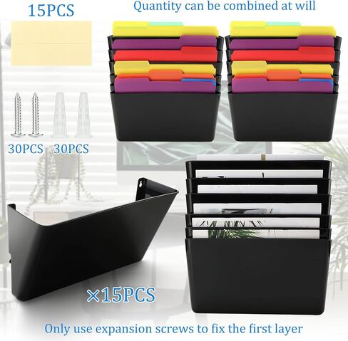 15 Tier Wall Mounted File Holder Wall File Organizer 13x8x4 Inch Plastic Folder Organizer Hanging Magazine File Rack Desk Wall Pockets Multipurpose for Office Classroom Storage Organization (Black) in Saudi Arabia