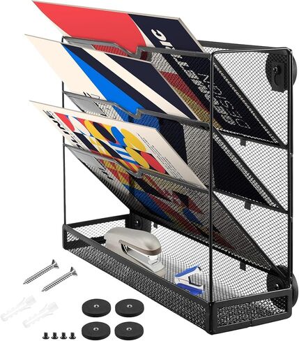 حامل ملفات مغناطيسي من 3 طبقات لخزائن الملفات، منظم حائط معدني شبكي عمودي مع صينية، يحمل ما يصل إلى 14.3 رطل، حامل صناديق حائط للوثائق الورقية المغناطيسية القوية للغاية للمنزل المكتبي in Kuwait