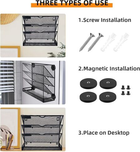 حامل ملفات مغناطيسي من 3 طبقات لخزائن الملفات، منظم حائط معدني شبكي عمودي مع صينية، يحمل ما يصل إلى 14.3 رطل، حامل صناديق حائط للوثائق الورقية المغناطيسية القوية للغاية للمنزل المكتبي in Kuwait