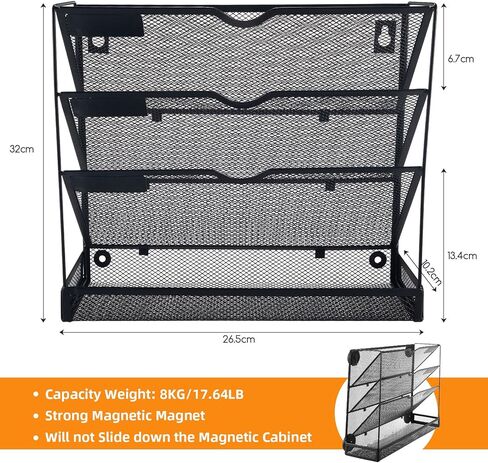 حامل ملفات مغناطيسي من 3 طبقات لخزائن الملفات، منظم حائط معدني شبكي عمودي مع صينية، يحمل ما يصل إلى 14.3 رطل، حامل صناديق حائط للوثائق الورقية المغناطيسية القوية للغاية للمنزل المكتبي in Kuwait