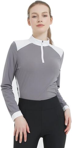 HR -Farm قمصان طويلة الأكمام للسيدات للحماية من الشمس 1/4 بسحاب لركوب الخيل، قمصان للنساء ذات ملمس الجليد الفروسية in Kuwait