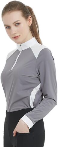 HR -Farm قمصان طويلة الأكمام للسيدات للحماية من الشمس 1/4 بسحاب لركوب الخيل، قمصان للنساء ذات ملمس الجليد الفروسية in Kuwait