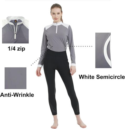 HR -Farm قمصان طويلة الأكمام للسيدات للحماية من الشمس 1/4 بسحاب لركوب الخيل، قمصان للنساء ذات ملمس الجليد الفروسية in Kuwait