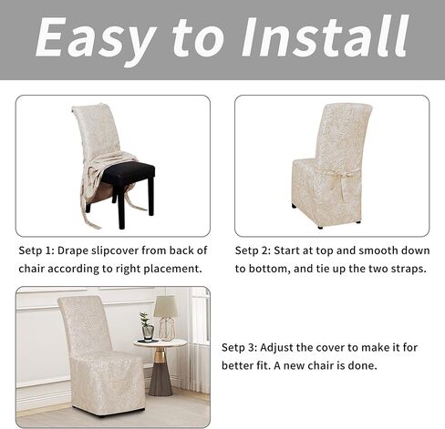 Easy-Going Jacquard Dining Chair Cover Full Length Parson Chair Cover with Tie Washable Chair Cover for Dining Room, Kitchen, Hotel,Restaurant, Ceremony Universal Size (4 pcs, Beige Leaf) in Saudi Arabia