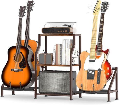 Coonoor Multi Guitar Stands Floor with 4 Guitar Holders, Electric Guitar Storage Rack for Bass, Amp Accessories, Guitar Holder Display for Home Studio, Retro Brown in Saudi Arabia